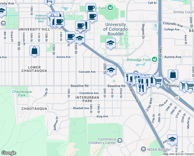 map of restaurants, bars, coffee shops, grocery stores, and more near in Boulder