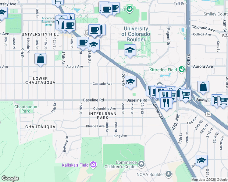 map of restaurants, bars, coffee shops, grocery stores, and more near in Boulder