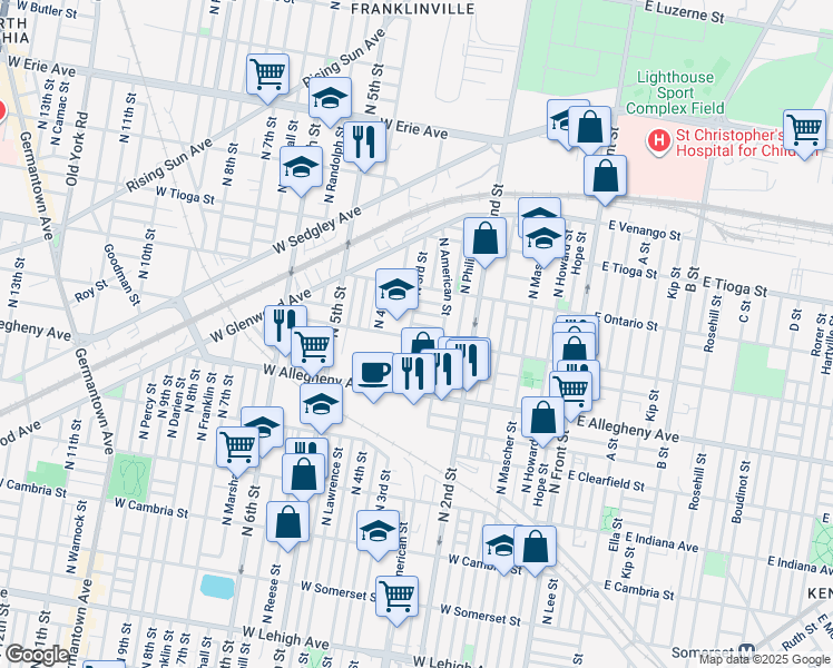 map of restaurants, bars, coffee shops, grocery stores, and more near 273 West Westmoreland Street in Philadelphia