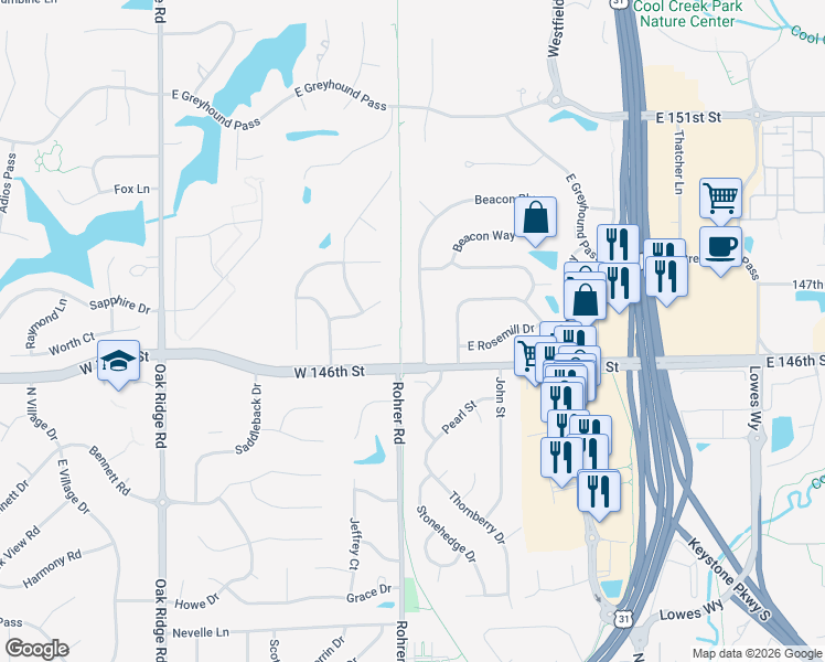 map of restaurants, bars, coffee shops, grocery stores, and more near 14610 Beacon Boulevard in Carmel