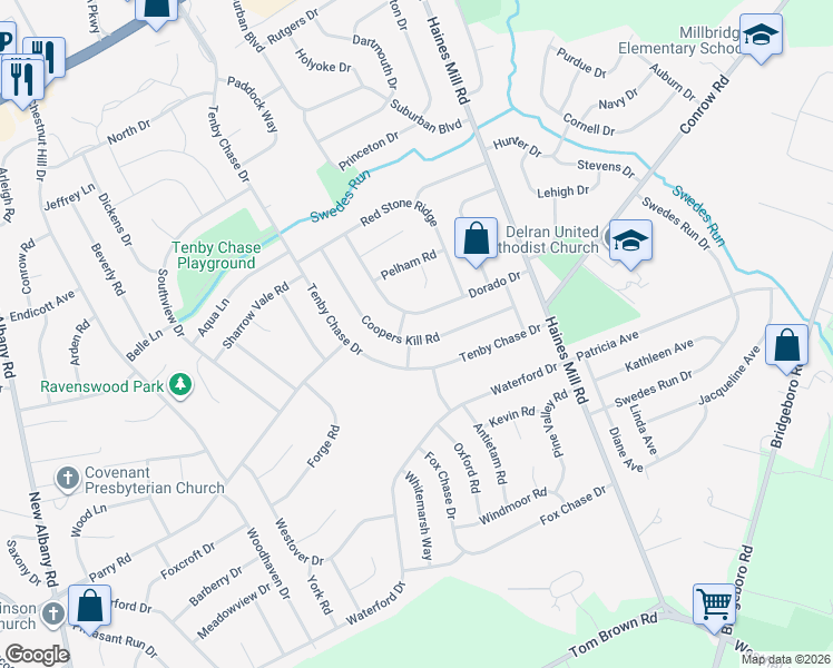map of restaurants, bars, coffee shops, grocery stores, and more near 127 Coopers Kill Road in Delran
