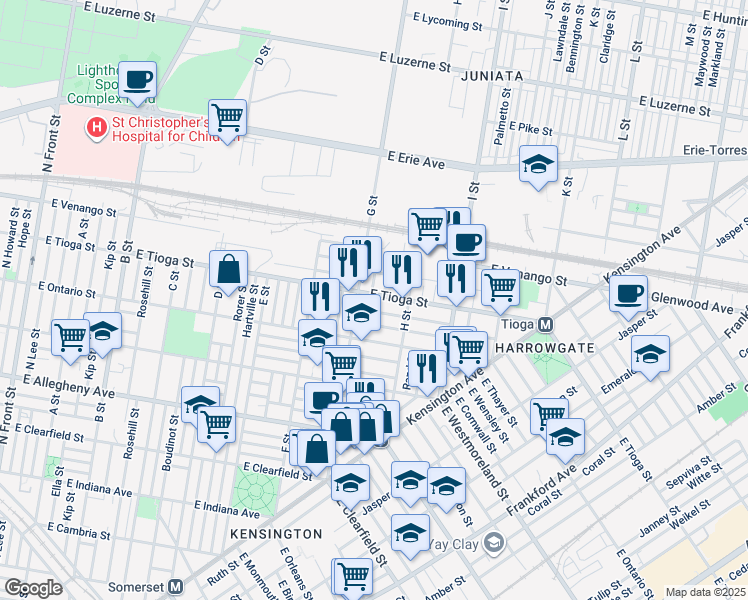 map of restaurants, bars, coffee shops, grocery stores, and more near 816 East Tioga Street in Philadelphia
