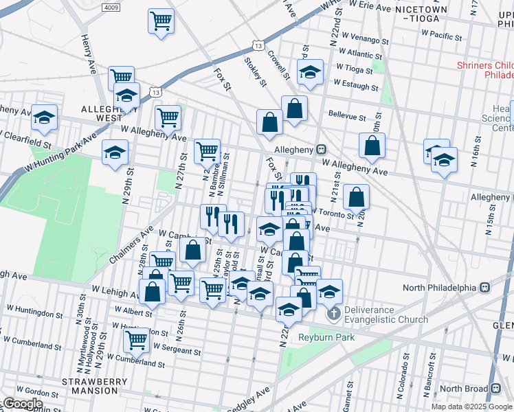 map of restaurants, bars, coffee shops, grocery stores, and more near 3019 North 24th Street in Philadelphia