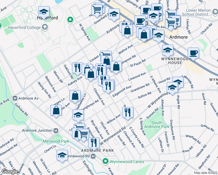 map of restaurants, bars, coffee shops, grocery stores, and more near 231 Linwood Avenue in Ardmore