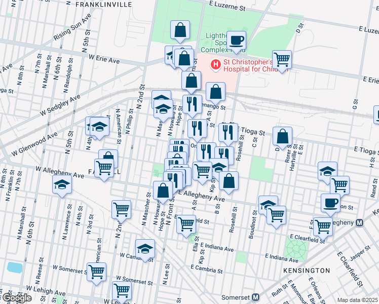 map of restaurants, bars, coffee shops, grocery stores, and more near 3319 North Water Street in Philadelphia