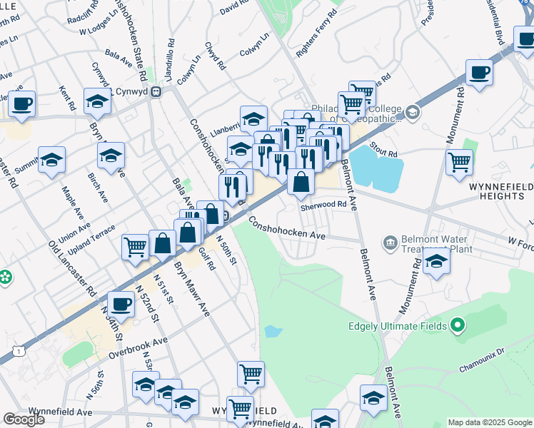 map of restaurants, bars, coffee shops, grocery stores, and more near 4700 City Avenue in Philadelphia