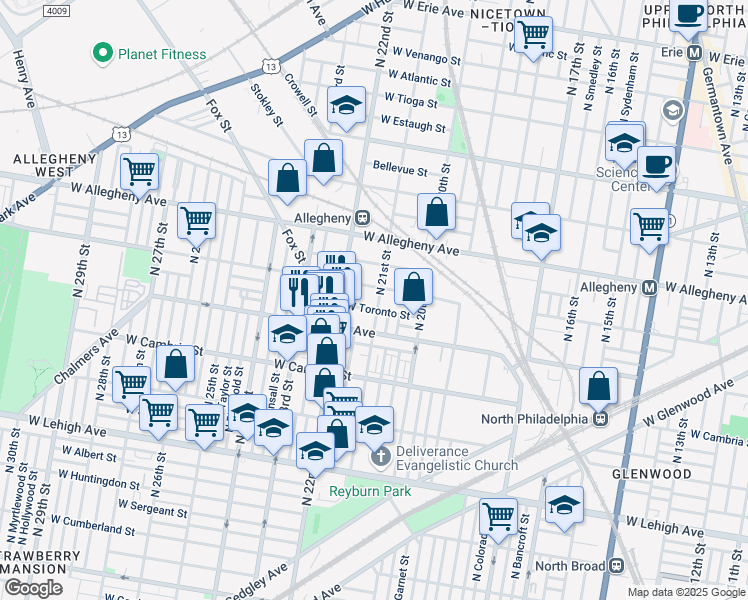 map of restaurants, bars, coffee shops, grocery stores, and more near 3040 North 21st Street in Philadelphia