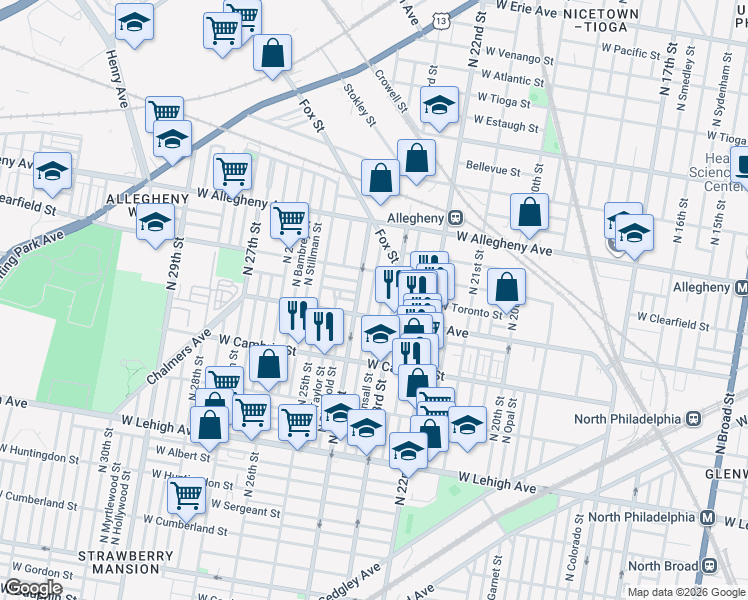 map of restaurants, bars, coffee shops, grocery stores, and more near 2953 North 24th Street in Philadelphia