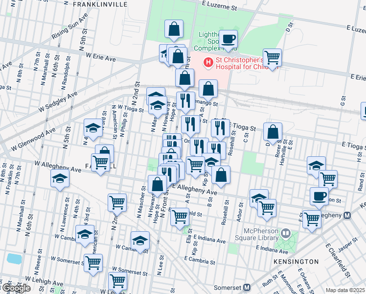 map of restaurants, bars, coffee shops, grocery stores, and more near 3343 North Lee Street in Philadelphia