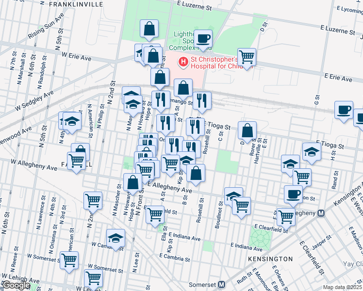 map of restaurants, bars, coffee shops, grocery stores, and more near 226 East Ontario Street in Philadelphia