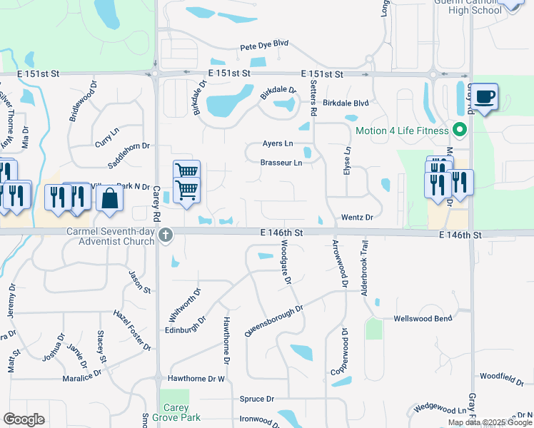 map of restaurants, bars, coffee shops, grocery stores, and more near 3914 Rachel Lane in Carmel