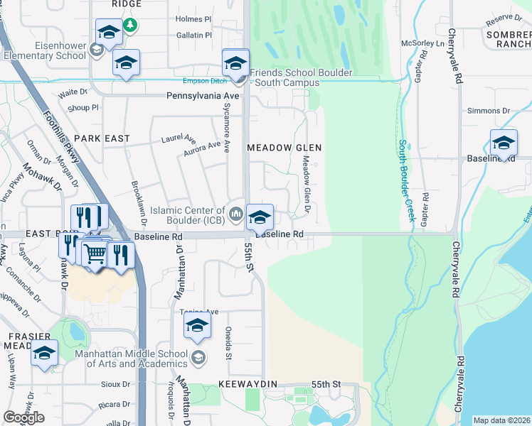 map of restaurants, bars, coffee shops, grocery stores, and more near 5580 Stonewall Place in Boulder