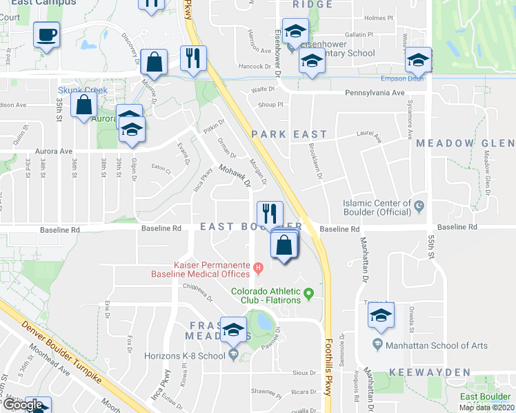 map of restaurants, bars, coffee shops, grocery stores, and more near 4705 Baseline Road in Boulder
