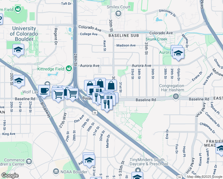map of restaurants, bars, coffee shops, grocery stores, and more near in Boulder