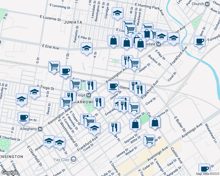 map of restaurants, bars, coffee shops, grocery stores, and more near 1838 East Venango Street in Philadelphia