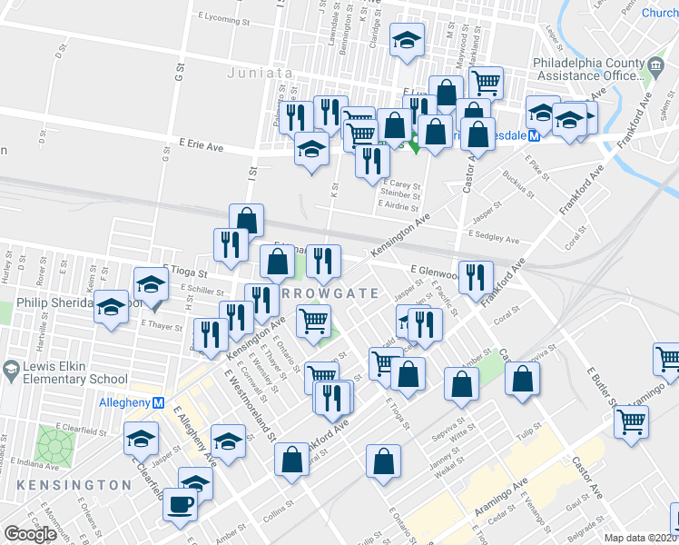 map of restaurants, bars, coffee shops, grocery stores, and more near 3540 Ruth Street in Philadelphia
