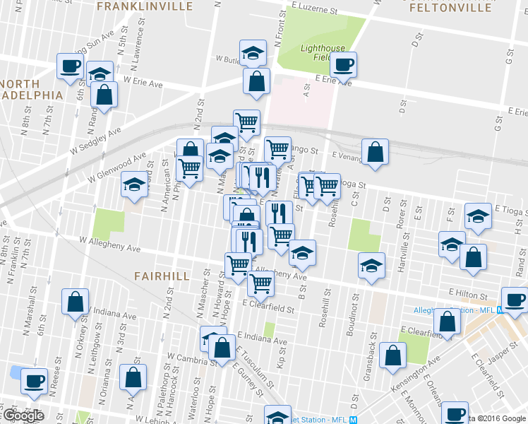 map of restaurants, bars, coffee shops, grocery stores, and more near 3319 North Water Street in Philadelphia