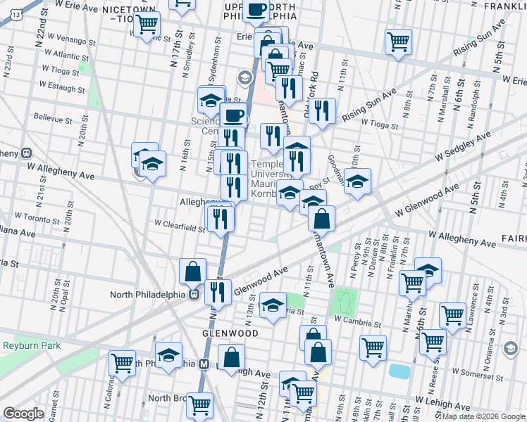 map of restaurants, bars, coffee shops, grocery stores, and more near 1317 West Lippincott Street in Philadelphia