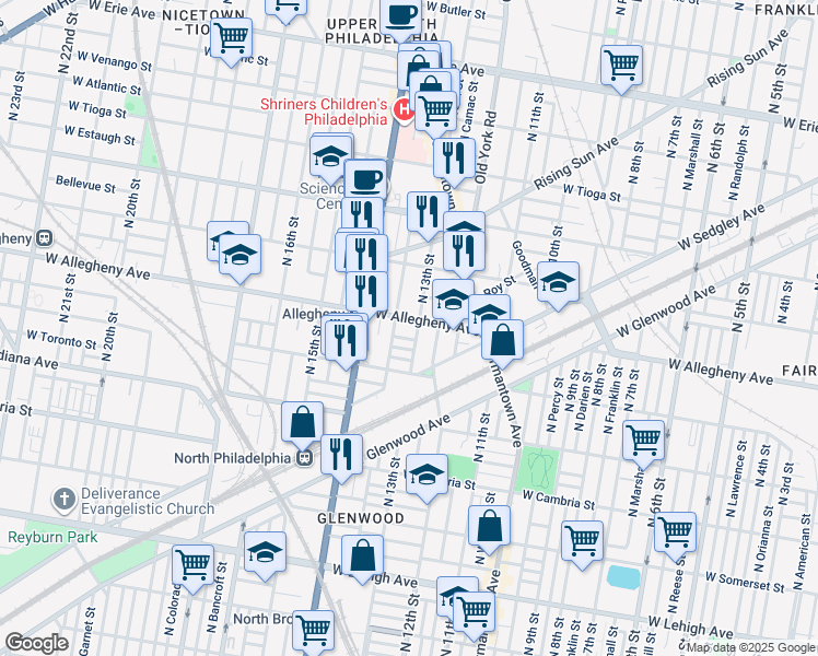 map of restaurants, bars, coffee shops, grocery stores, and more near 1317 West Lippincott Street in Philadelphia