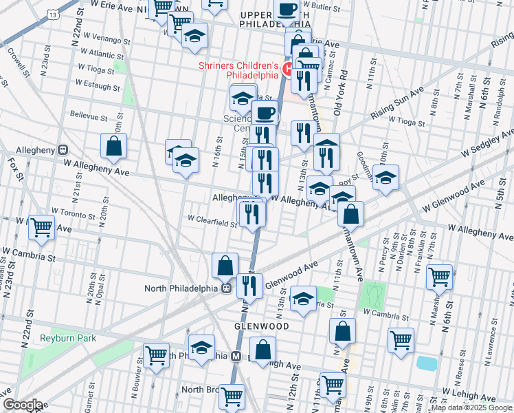 map of restaurants, bars, coffee shops, grocery stores, and more near 3117 North Broad Street in Philadelphia