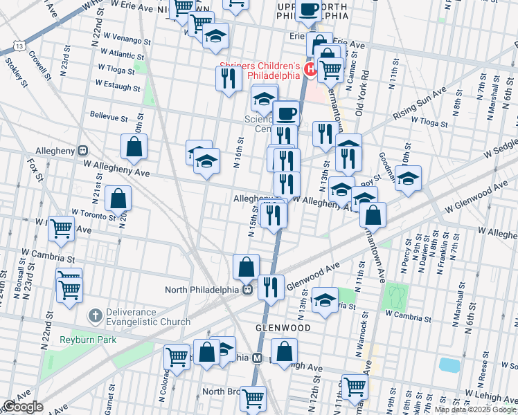 map of restaurants, bars, coffee shops, grocery stores, and more near 3111 North 15th Street in Philadelphia