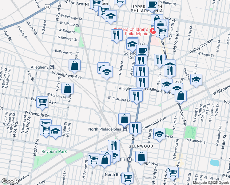 map of restaurants, bars, coffee shops, grocery stores, and more near 3101 North 16th Street in Philadelphia