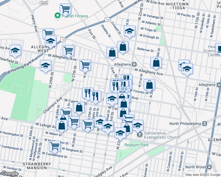 map of restaurants, bars, coffee shops, grocery stores, and more near 2953 North 24th Street in Philadelphia