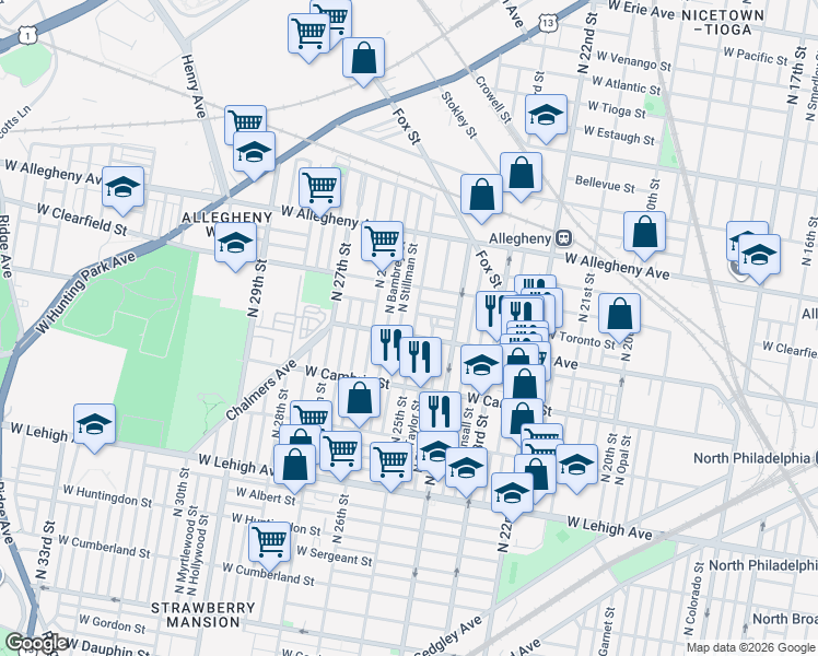 map of restaurants, bars, coffee shops, grocery stores, and more near 2958 North Taylor Street in Philadelphia