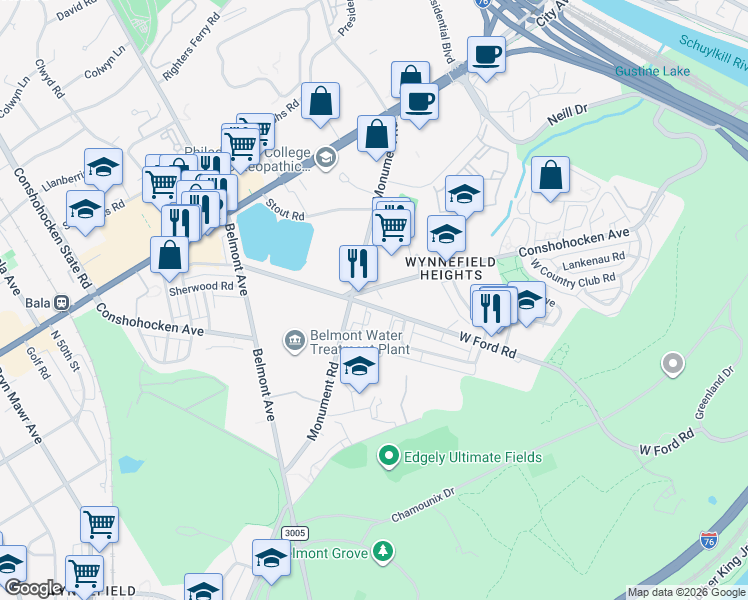 map of restaurants, bars, coffee shops, grocery stores, and more near 4092 West Ford Road in Philadelphia
