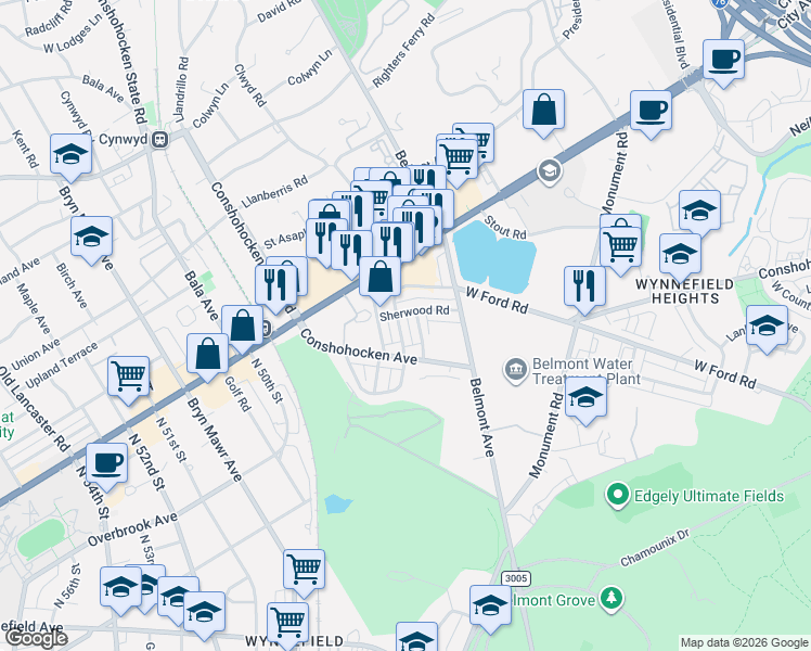 map of restaurants, bars, coffee shops, grocery stores, and more near 2711 North 46th Street in Philadelphia