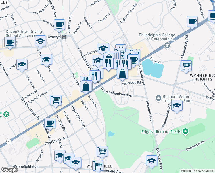 map of restaurants, bars, coffee shops, grocery stores, and more near 4808 Conshohocken Avenue in Philadelphia