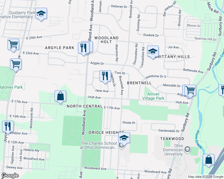 map of restaurants, bars, coffee shops, grocery stores, and more near 1582 Marina Drive in Columbus