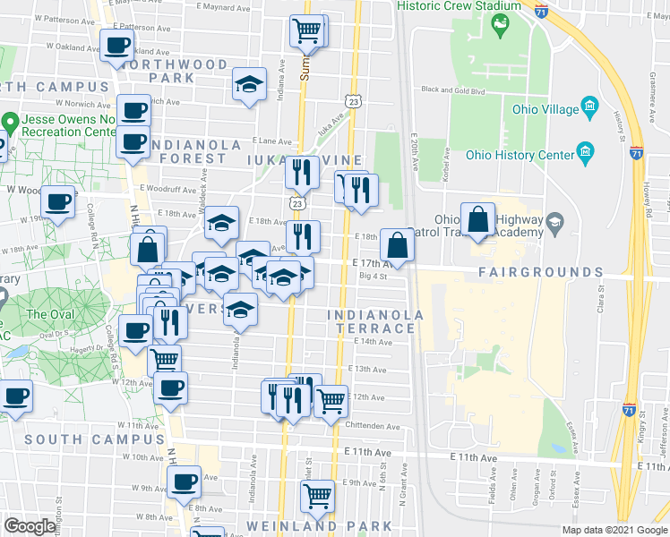 map of restaurants, bars, coffee shops, grocery stores, and more near 317 East 16th Avenue in Columbus