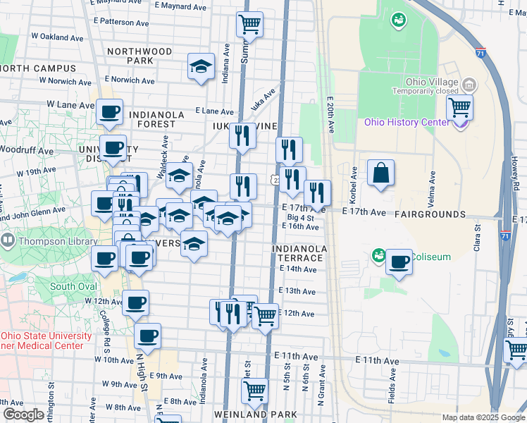 map of restaurants, bars, coffee shops, grocery stores, and more near 317 East 16th Avenue in Columbus