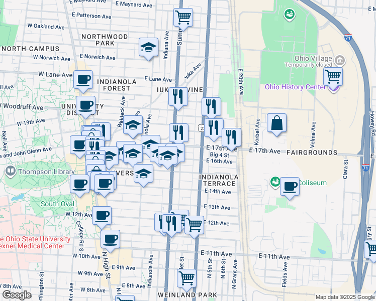 map of restaurants, bars, coffee shops, grocery stores, and more near 317 East 16th Avenue in Columbus