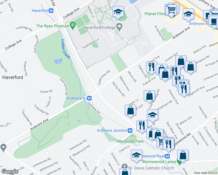 map of restaurants, bars, coffee shops, grocery stores, and more near 2947 Mapleshade Road in Ardmore