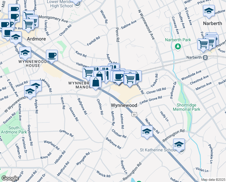 map of restaurants, bars, coffee shops, grocery stores, and more near 625 East Lancaster Avenue in Montgomery