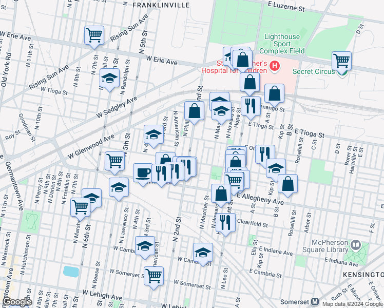 map of restaurants, bars, coffee shops, grocery stores, and more near 3321 North 2nd Street in Philadelphia