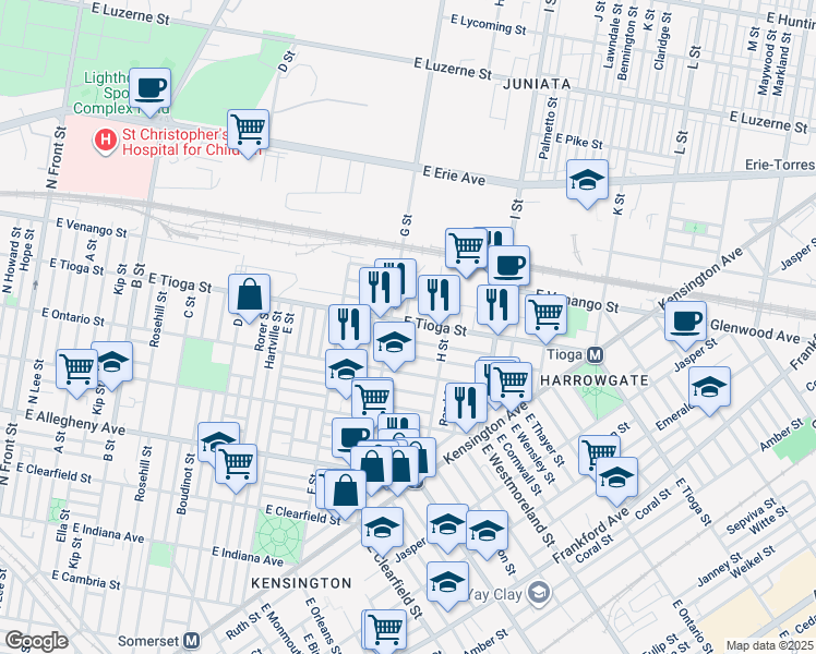 map of restaurants, bars, coffee shops, grocery stores, and more near 816 East Tioga Street in Philadelphia