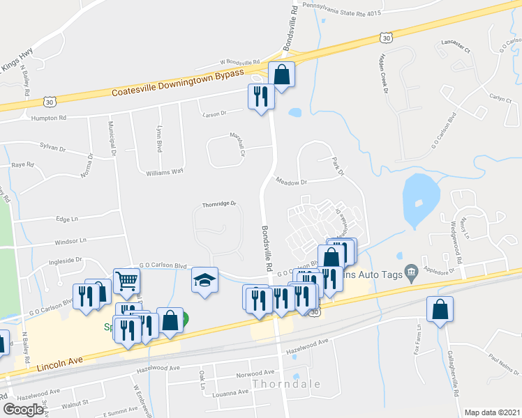 map of restaurants, bars, coffee shops, grocery stores, and more near 120 Bondsville Road in Downingtown