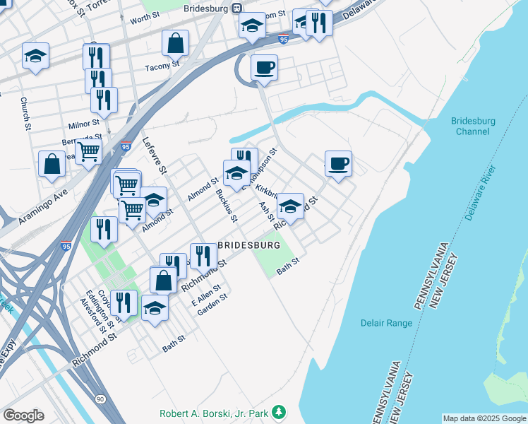 map of restaurants, bars, coffee shops, grocery stores, and more near 2728 Ash Street in Philadelphia