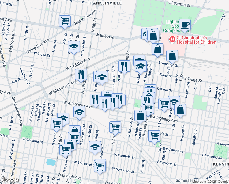 map of restaurants, bars, coffee shops, grocery stores, and more near 3313 North American Street in Philadelphia