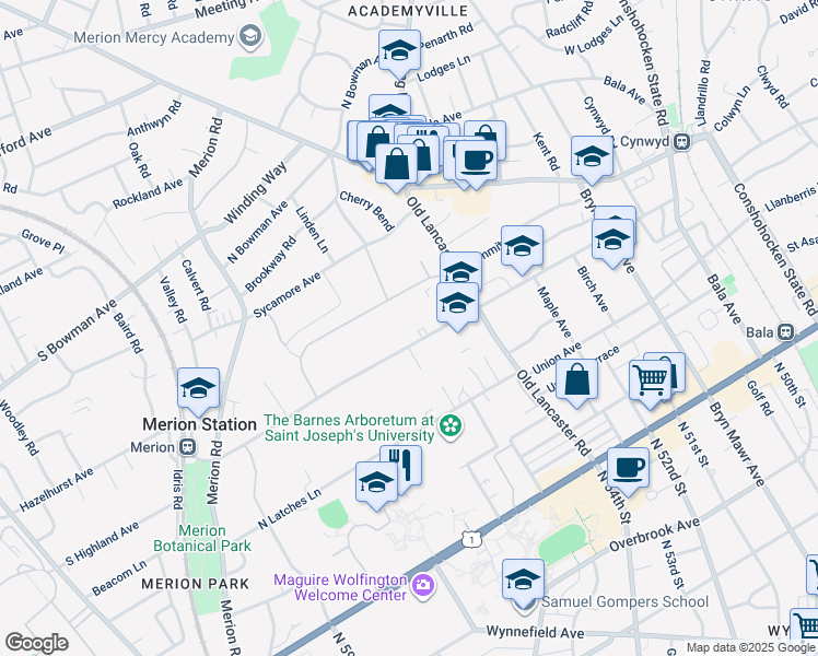 map of restaurants, bars, coffee shops, grocery stores, and more near 289 North Highland Avenue in Merion Station