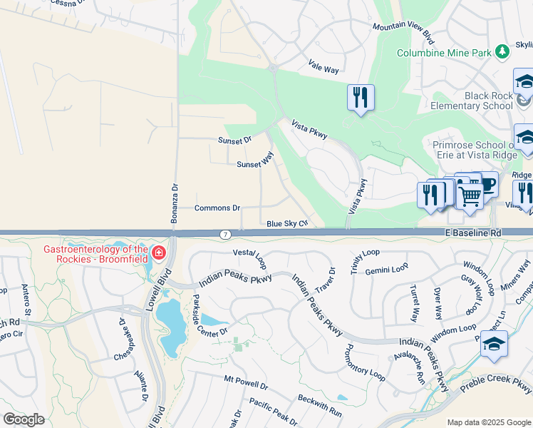 map of restaurants, bars, coffee shops, grocery stores, and more near 3045 Blue sky Circle in Erie