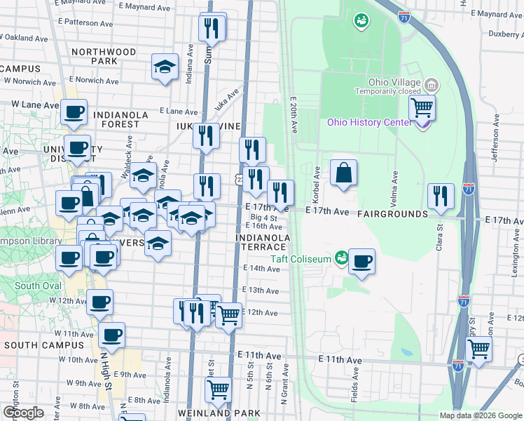 map of restaurants, bars, coffee shops, grocery stores, and more near 407 East 17th Avenue in Columbus