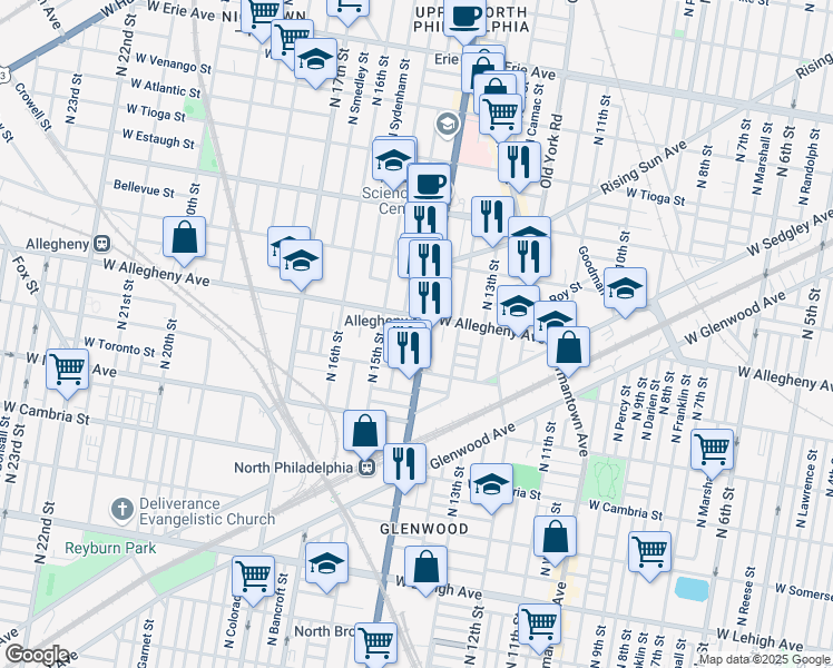 map of restaurants, bars, coffee shops, grocery stores, and more near 3117 North Broad Street in Philadelphia