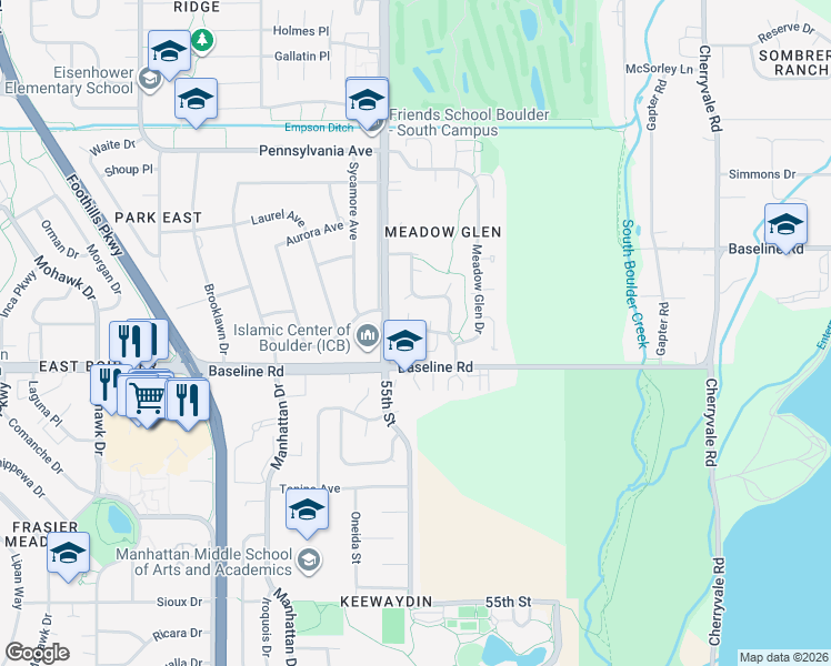 map of restaurants, bars, coffee shops, grocery stores, and more near 5580 Stonewall Place in Boulder