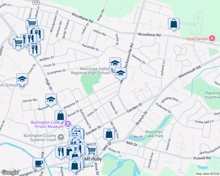map of restaurants, bars, coffee shops, grocery stores, and more near 348 Broad Street in Mount Holly