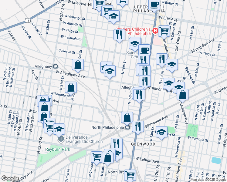 map of restaurants, bars, coffee shops, grocery stores, and more near 3127 North Chadwick Street in Philadelphia