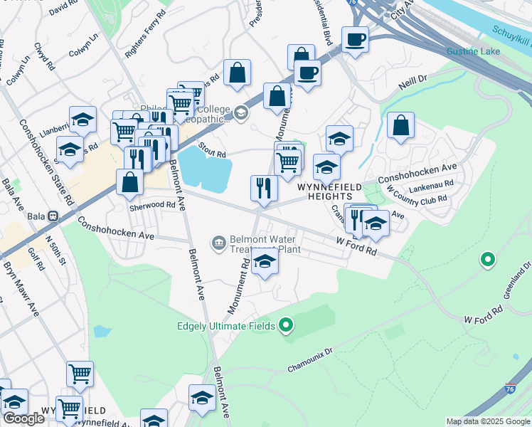 map of restaurants, bars, coffee shops, grocery stores, and more near 4096 Conshohocken Avenue in Philadelphia